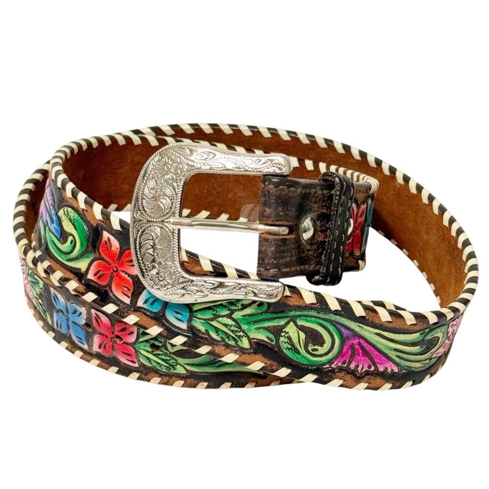 Circle Y Belt Womens Vibrant Garden Tooled Leather Colorful Whip Stitch Sz 38/LG